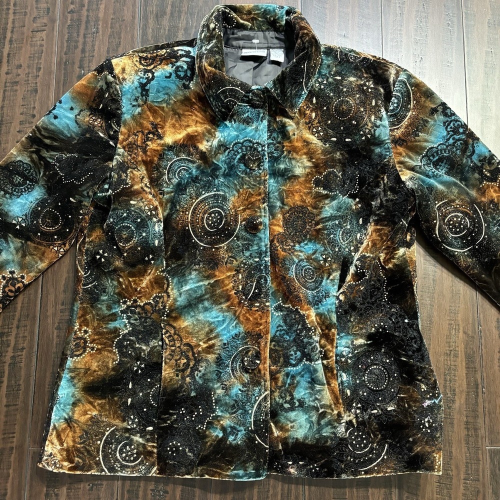 Chicos Blazer Womens 2 Large Velvet Glitter Blue Brown Art to Wear Jacket Boho
